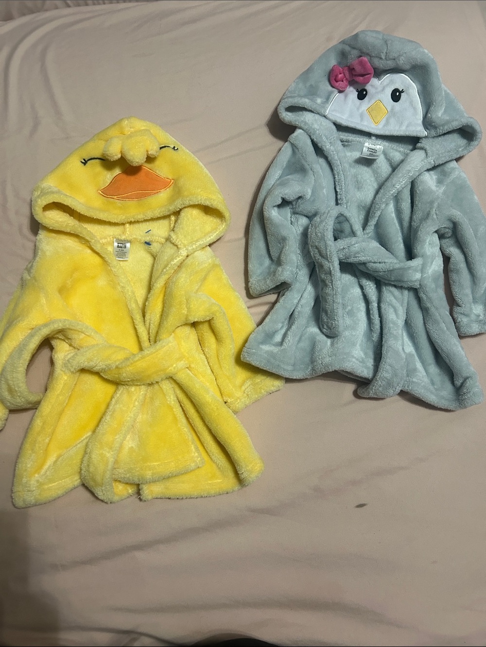 Kids Plush Hooded Bathrobe - Yellow Duck & Light Gray Penguin